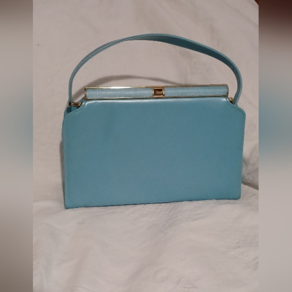 Vintage 1950s / 1960s pearlized blue structured purse with mirror super clean